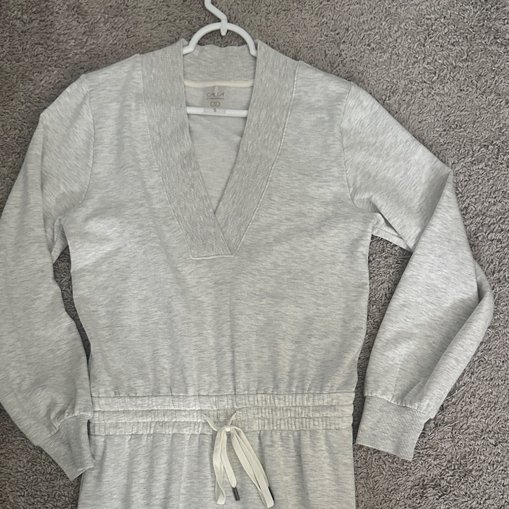 Light Gray V-Neck Sweatshirt Jumpsuit with Drawstring Waist